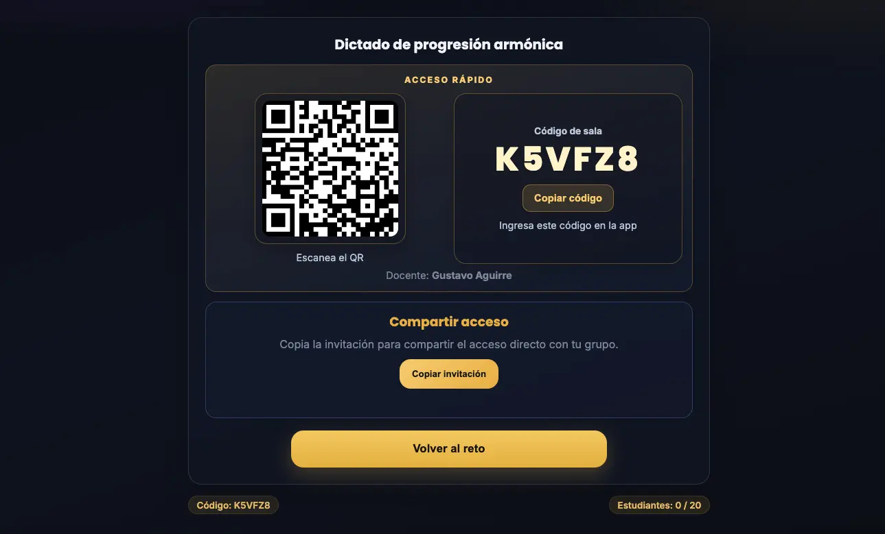 Pantalla de acceso a una actividad mediante código QR y código de sala.