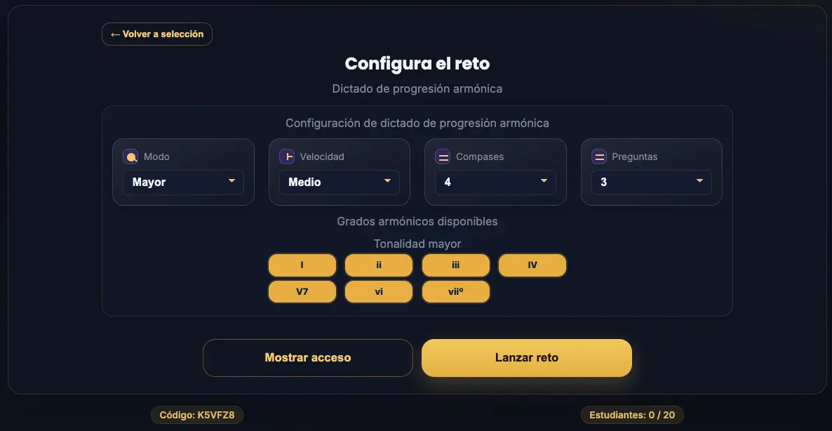 Pantalla de configuración de un ejercicio musical en QuizMusik.