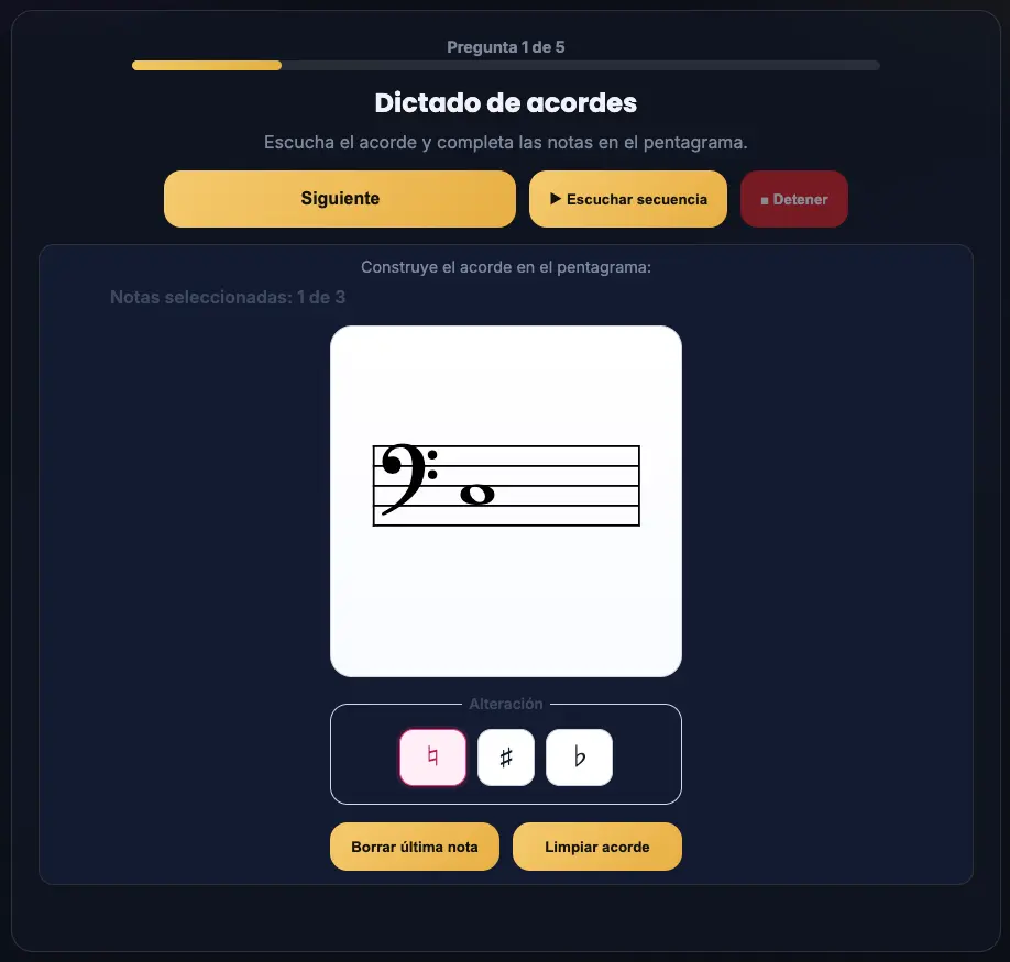 Ejercicio de dictado de acordes en QuizMusik con respuesta musical directamente sobre el pentagrama.