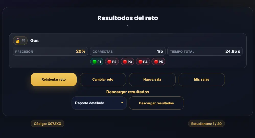 Pantalla de resultados y descarga de reportes de una actividad en QuizMusik.